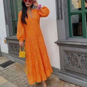 ZARA Orange Eyelet Maxi Dress Medium